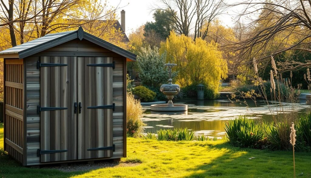 A serene and well-tended garden shed stands in the foreground, its weathered wooden panels bathed in the soft, golden light of an early spring morning. The shed's double doors are slightly ajar, inviting closer inspection of its tidy interior. In the middle ground, a tranquil pond reflects the surrounding foliage, its surface rippling gently in the light breeze. Lush, vibrant greenery fills the background, with budding trees and blooming flowers hinting at the renewal of the season. The scene conveys a sense of tranquility and anticipation, capturing the essence of a &amp;quot;Gartenhaus Frühjahrscheck&amp;quot; - a thorough springtime check-up of the garden's structures and features.