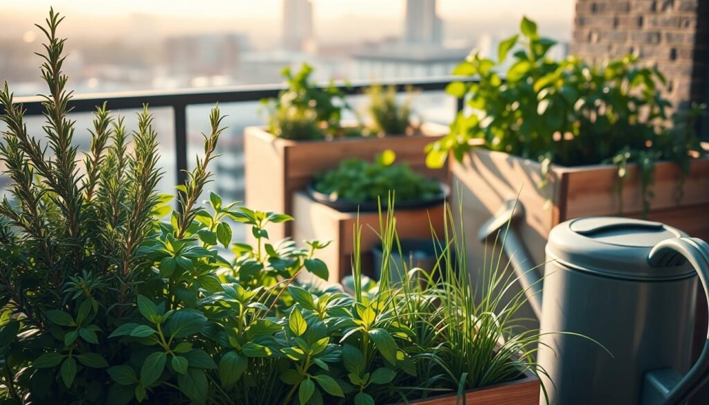A serene balcony garden, bathed in soft, warm afternoon light. In the foreground, an assortment of thriving herb plants - fragrant rosemary, lush basil, and vibrant chives - gently swaying in a light breeze. A watering can rests nearby, ready to nourish the soil. In the middle ground, wooden planters brimming with a variety of leafy greens and trailing vines. The background reveals a cityscape, hazy in the distance, providing a sense of tranquility and urban escape. The scene conveys a feeling of peaceful productivity, where the art of tending to one's balcony garden is celebrated.