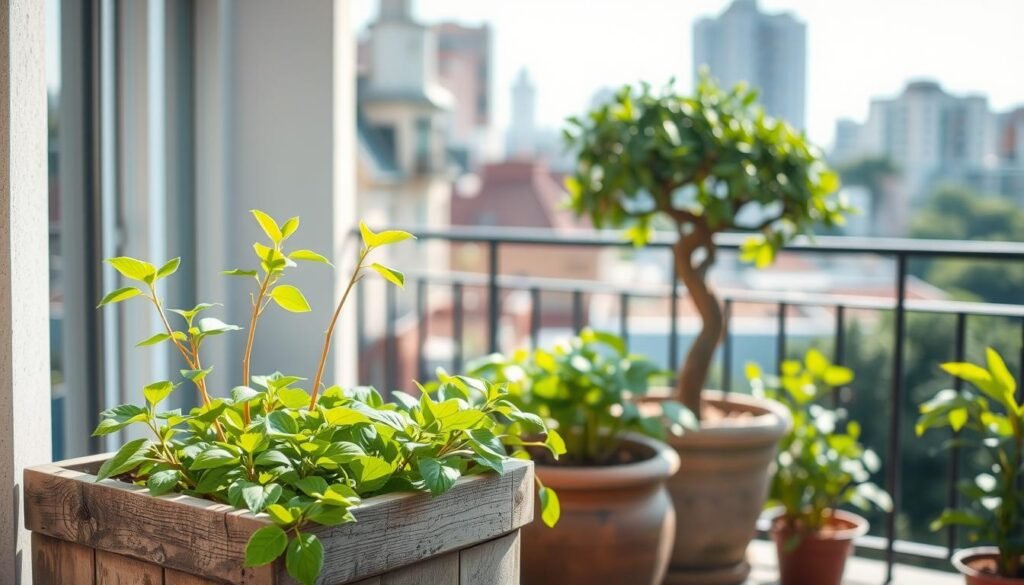 A serene balcony scene showcasing the care and cultivation of potted plants. In the foreground, a weathered wooden planter holds lush, vibrant foliage, its leaves gently swaying in the breeze. The middle ground features a small ornamental tree, its gnarled trunk and verdant canopy casting delicate shadows across the scene. In the background, a backdrop of urban architecture blends seamlessly with the tranquil greenery, creating a harmonious, nature-infused atmosphere. Soft, diffused natural lighting bathes the entire composition, imbuing it with a sense of warmth and serenity. The overall mood evokes a peaceful, rejuvenating retreat amidst the bustling city.