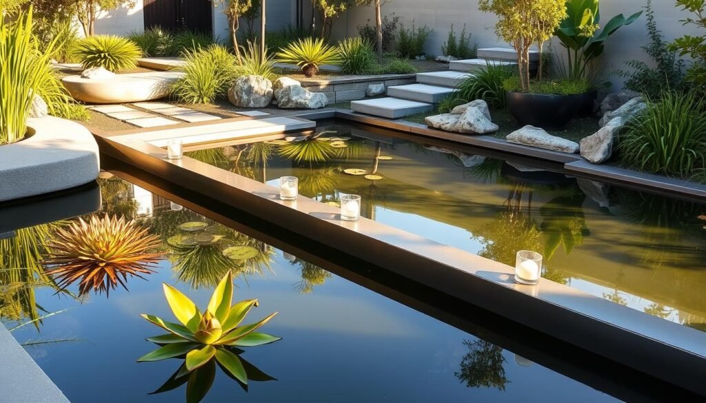 A serene garden oasis with a tranquil steel-lined pond, surrounded by lush greenery and natural stone features. The pond's smooth surface reflects the warm afternoon sunlight, creating a mesmerizing interplay of light and shadow. Elegant water plants sway gently in the soft breeze, while a modern yet organic landscape design frames the scene with carefully curated pathways and thoughtfully placed seating areas. The overall atmosphere exudes a sense of peaceful harmony, inviting the viewer to linger and immerse themselves in the beauty of this meticulously crafted outdoor haven.