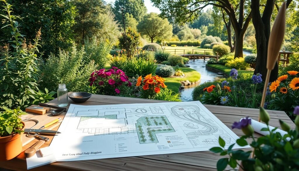 A serene garden planning scene with a detailed layout map on a wooden table, surrounded by lush greenery, vibrant flowers, and soft natural lighting. In the foreground, an array of sketches suggest the careful curation of this dream garden. The middle ground showcases a detailed site plan with precisely plotted sections, paths, and plantings. In the background, a panoramic view of the envisioned garden unfolds, with mature trees, a meandering stream, and a harmonious integration of natural elements. The overall mood is one of thoughtful planning, tranquility, and a vision for a sustainable, nature-inspired oasis.