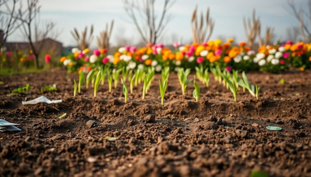 A serene garden scene in early spring. Forefront features a neatly tilled plot of soil, ready for sowing. Varied seed packets and gardening tools lie scattered nearby, hinting at the planting to come. In the middle ground, rows of young seedlings peek out from the earth, their delicate leaves gently swaying. Behind, a lush border of flowering plants frames the scene, their vibrant colors contrasting against a soft, overcast sky. Warm, directional lighting casts long shadows, creating a sense of depth and atmosphere. The overall composition conveys a sense of tranquility and anticipation, perfectly capturing the essence of spring gardening.