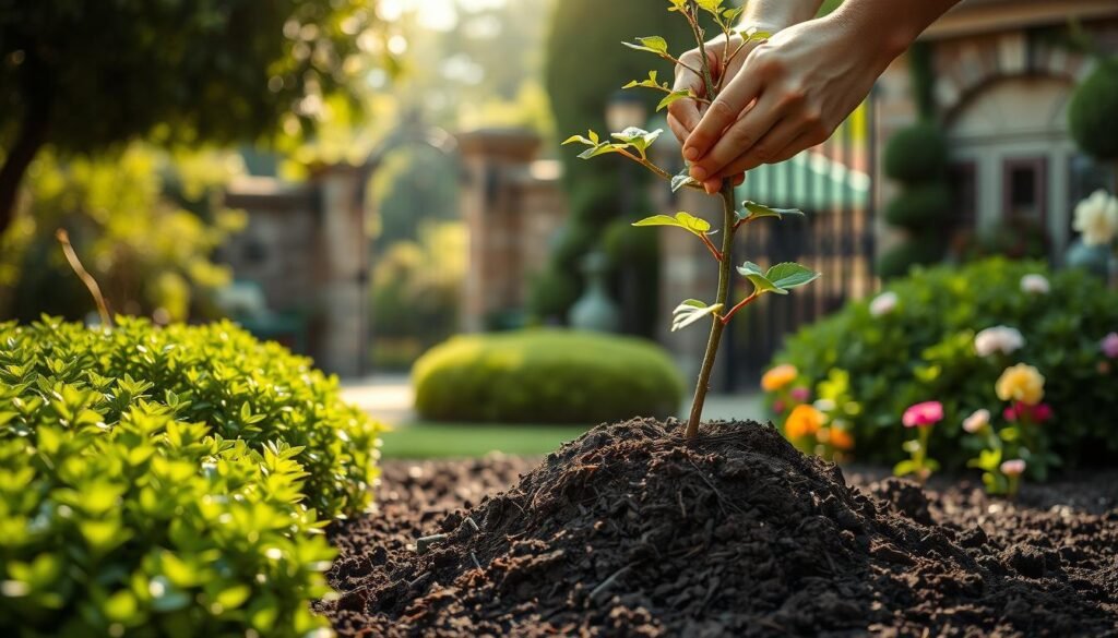 A serene garden scene with a young tree being carefully planted, its delicate branches reaching up towards the soft, diffused sunlight filtering through the surrounding foliage. The gardener's hands gently pack the rich, dark soil around the root ball, ensuring a sturdy foundation for the sapling's growth. In the middle ground, lush green shrubs and flowers frame the planting, their vibrant hues complementing the earthy tones. The background features a picturesque stone wall and an inviting wrought-iron gate, hinting at the larger garden beyond. The overall composition evokes a sense of tranquility and the nurturing relationship between human and nature.