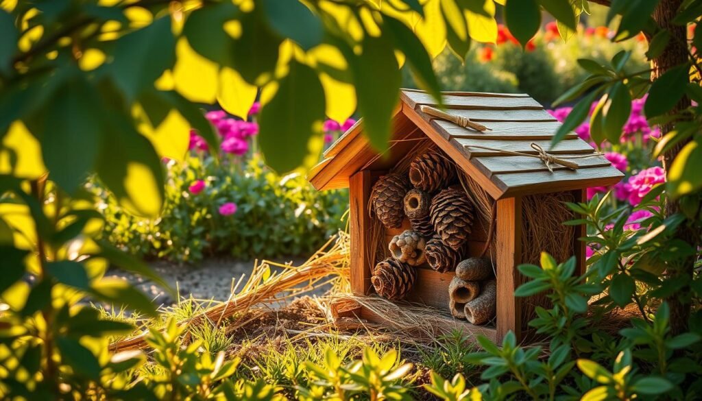A serene garden scene with an idyllic insect hotel nestled in the lush foliage. The structure is made of natural materials like wood, straw, and pine cones, blending seamlessly with the surrounding landscape. Warm, golden afternoon sunlight filters through the leaves, casting a soft, natural glow on the scene. In the background, a vibrant, blooming flower bed adds a colorful complement. The overall atmosphere is one of tranquility and harmony, perfectly capturing the essence of an optimal location for a DIY insect hotel.