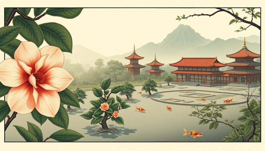 A serene, historical illustration of the camellia plant's origins and evolution. In the foreground, a lush, vibrant camellia flower in full bloom, its delicate petals unfurling against a soft, diffused light. In the middle ground, a series of camellia shrubs in various stages of growth, their leaves casting gentle shadows on the ground. In the background, a tranquil Japanese garden scene, with pagodas, koi ponds, and a misty, mountainous landscape, evoking the plant's Asian heritage. The image is rendered with a traditional, woodblock-inspired aesthetic, using a muted, earthy color palette to convey a timeless, scholarly atmosphere.