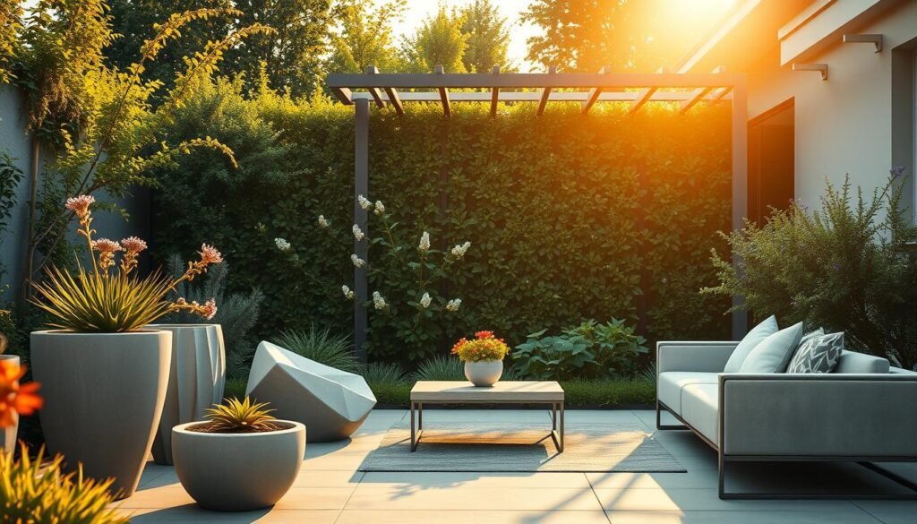 A serene modern garden oasis, bathed in warm golden light. In the foreground, artfully arranged concrete planters and geometric outdoor furniture, their clean lines and muted tones creating a harmonious aesthetic. The middle ground features a lush, verdant backdrop of vibrant foliage and delicate flowering plants, their shapes and colors complementing the minimalist decor. The background showcases a sleek, minimalist pergola or trellis, casting playful shadows and adding depth to the composition. An atmosphere of tranquility and sophisticated style pervades the scene, inspiring ideas for elevated garden decorations.