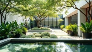 A serene modern garden oasis with lush greenery, soft lighting, and clean architectural elements. In the foreground, a minimalist water feature with smooth, reflective surfaces. The middle ground showcases a mix of potted plants, neatly trimmed hedges, and sleek stone or concrete pathways. In the background, a contemporary glass or wood-paneled structure blends seamlessly with the natural surroundings. Dappled sunlight filters through the overhead canopy, creating a tranquil, inviting atmosphere. The overall composition emphasizes balance, simplicity, and the harmonious integration of nature and modern design.