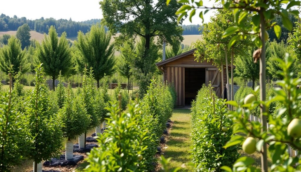 A serene outdoor scene featuring a well-stocked fruit tree nursery, or "Baumschule." The foreground showcases a variety of young apple, pear, and cherry trees in neat rows, their verdant foliage swaying gently in a light breeze. The middle ground reveals a wooden shed or greenhouse, its weathered exterior hinting at the expertise within. In the background, a gently rolling landscape unfolds, dotted with other mature fruit trees casting dappled shadows. The lighting is soft and diffused, creating a tranquil, almost meditative atmosphere, perfectly suited to thoughtful consultation about the best trees to plant in a home garden. A serene outdoor scene featuring a well-stocked fruit tree nursery, or "Baumschule." The foreground showcases a variety of young apple, pear, and cherry trees in neat rows, their verdant foliage swaying gently in a light breeze. The middle ground reveals a wooden shed or greenhouse, its weathered exterior hinting at the expertise within. In the background, a gently rolling landscape unfolds, dotted with other mature fruit trees casting dappled shadows. The lighting is soft and diffused, creating a tranquil, almost meditative atmosphere, perfectly suited to thoughtful consultation about the best trees to plant in a home garden.