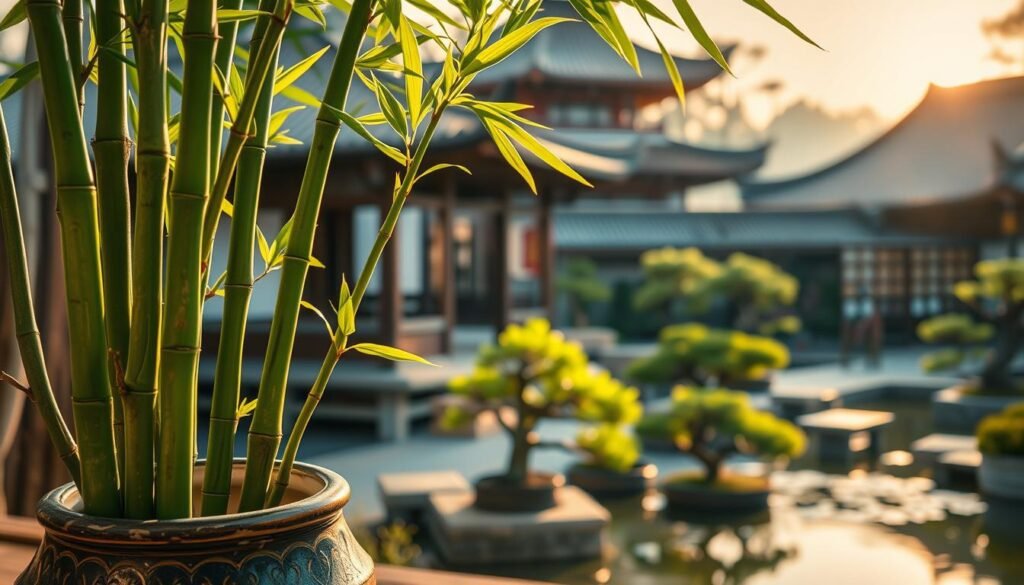 A serene scene of the ancient origins of the lucky bamboo plant, its lush green stalks reaching skyward under the warm glow of natural lighting. In the foreground, delicate bamboo stems emerge from a decorative ceramic vase, their graceful curves accentuated by the soft shadows. In the middle ground, a traditional Japanese garden unfolds, with carefully pruned bonsai trees and a tranquil pond reflecting the bamboo's verdant foliage. The background depicts a traditional Japanese temple, its ornate architecture bathed in the golden hues of the setting sun, creating an atmosphere of timeless wisdom and cultural heritage. The composition conveys a sense of harmony, balance, and the enduring legacy of this beloved plant.