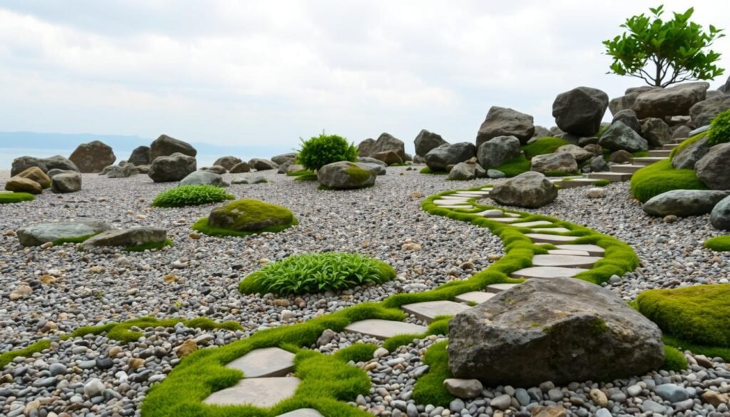 A serene stone garden oasis, with carefully arranged rocks, boulders, and pebbles creating a harmonious, zen-like landscape. The foreground features a path winding through the stones, inviting the viewer to explore. In the middle ground, lush greenery, such as moss-covered stones and low-growing plants, add pops of natural color. The background depicts a tranquil, overcast sky, casting a soft, diffused light over the scene. The overall composition conveys a sense of balance, simplicity, and a connection to nature, reflecting the principles of thoughtful stone garden design. A serene stone garden oasis, with carefully arranged rocks, boulders, and pebbles creating a harmonious, zen-like landscape. The foreground features a path winding through the stones, inviting the viewer to explore. In the middle ground, lush greenery, such as moss-covered stones and low-growing plants, add pops of natural color. The background depicts a tranquil, overcast sky, casting a soft, diffused light over the scene. The overall composition conveys a sense of balance, simplicity, and a connection to nature, reflecting the principles of thoughtful stone garden design.