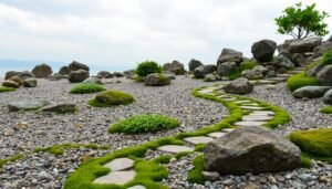 A serene stone garden oasis, with carefully arranged rocks, boulders, and pebbles creating a harmonious, zen-like landscape. The foreground features a path winding through the stones, inviting the viewer to explore. In the middle ground, lush greenery, such as moss-covered stones and low-growing plants, add pops of natural color. The background depicts a tranquil, overcast sky, casting a soft, diffused light over the scene. The overall composition conveys a sense of balance, simplicity, and a connection to nature, reflecting the principles of thoughtful stone garden design.