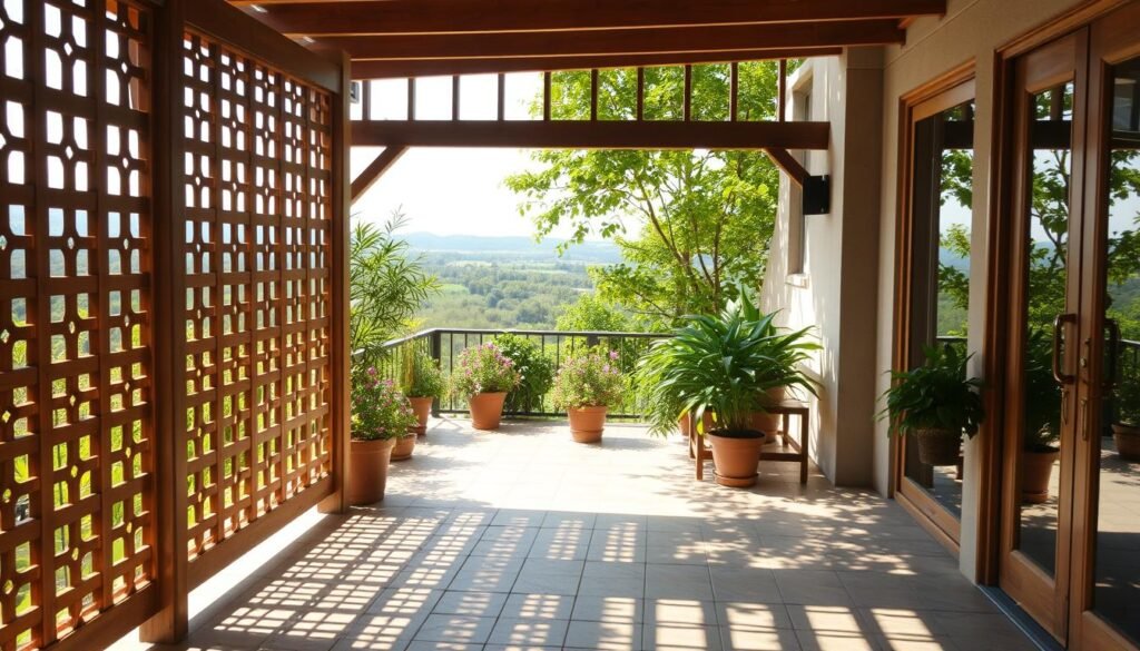 A serene, sun-dappled terrace with a beautifully crafted wooden privacy screen in the foreground. The screen features intricate lattice-work patterns that cast gentle shadows across the paved patio floor. In the middle ground, potted plants and lush foliage create a lush, verdant atmosphere, complementing the warm, earthy tones of the wooden elements. The background showcases a picturesque landscape, perhaps with a glimpse of a tranquil garden or a distant horizon. The lighting is soft and diffused, creating a cozy, inviting ambiance perfect for intimate gatherings or quiet moments of relaxation. The overall scene evokes a sense of privacy, comfort, and harmony with nature. A serene, sun-dappled terrace with a beautifully crafted wooden privacy screen in the foreground. The screen features intricate lattice-work patterns that cast gentle shadows across the paved patio floor. In the middle ground, potted plants and lush foliage create a lush, verdant atmosphere, complementing the warm, earthy tones of the wooden elements. The background showcases a picturesque landscape, perhaps with a glimpse of a tranquil garden or a distant horizon. The lighting is soft and diffused, creating a cozy, inviting ambiance perfect for intimate gatherings or quiet moments of relaxation. The overall scene evokes a sense of privacy, comfort, and harmony with nature.