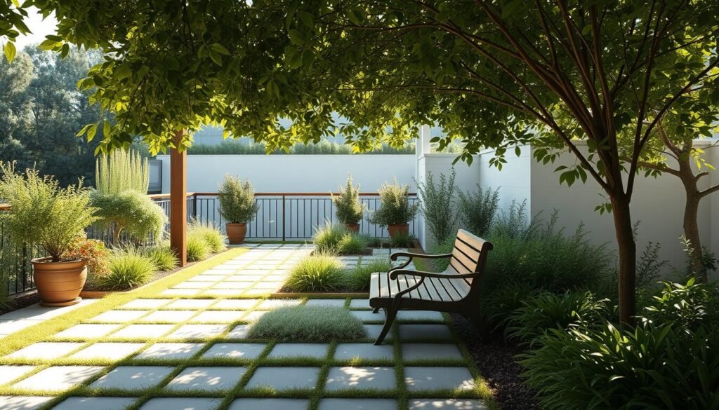 A serene terrace nestled amidst lush greenery, with neatly arranged paving stones and meticulously planned garden beds. Dappled sunlight filters through the overhead canopy, casting a warm, natural glow across the scene. A wooden bench, invitingly positioned, beckons one to sit and admire the thoughtfully curated landscape. The overall composition exudes a sense of harmony and tranquility, reflecting the careful consideration that has gone into the terrace's design. Rendered in a realistic, high-quality style, this image captures the essence of an expertly planned outdoor living space. A serene terrace nestled amidst lush greenery, with neatly arranged paving stones and meticulously planned garden beds. Dappled sunlight filters through the overhead canopy, casting a warm, natural glow across the scene. A wooden bench, invitingly positioned, beckons one to sit and admire the thoughtfully curated landscape. The overall composition exudes a sense of harmony and tranquility, reflecting the careful consideration that has gone into the terrace's design. Rendered in a realistic, high-quality style, this image captures the essence of an expertly planned outdoor living space.