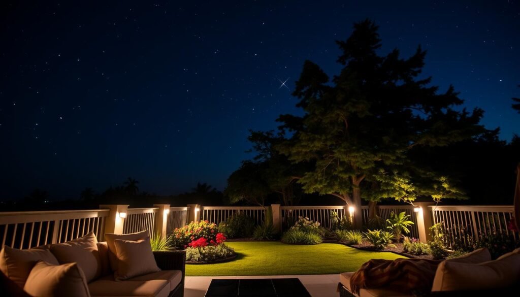 A serene terrace under a starry night sky, softly illuminated by strategically placed outdoor lights. In the foreground, a cozy seating area with plush cushions and warm throws, inviting guests to unwind and enjoy the tranquil ambiance. The middle ground features a well-manicured garden, with lush greenery and vibrant flowers casting gentle shadows. In the background, the silhouettes of tall trees sway gently, their branches casting a delicate play of light and shadow across the scene. The overall mood is one of peaceful relaxation, perfect for an evening spent admiring the beauty of the outdoor space. A serene terrace under a starry night sky, softly illuminated by strategically placed outdoor lights. In the foreground, a cozy seating area with plush cushions and warm throws, inviting guests to unwind and enjoy the tranquil ambiance. The middle ground features a well-manicured garden, with lush greenery and vibrant flowers casting gentle shadows. In the background, the silhouettes of tall trees sway gently, their branches casting a delicate play of light and shadow across the scene. The overall mood is one of peaceful relaxation, perfect for an evening spent admiring the beauty of the outdoor space.