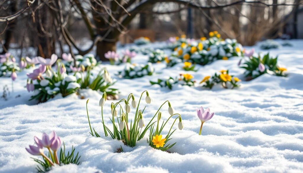 A serene winter garden scene, with delicate winterblüher (winter-blooming flowers) gently dusted in a soft layer of pristine white snow. In the foreground, clusters of vibrant snowdrops (Galanthus) and fragrant winter aconite (Eranthis) emerge from the icy ground, their petals delicately unfurled. Farther back, the muted hues of lavender-pink Helleborus and cheery yellow Hamamelis (witch hazel) blossoms dot the landscape, creating a tapestry of subtle winter beauty. Crisp, diffused natural light filters through the bare branches overhead, casting a warm, ethereal glow over the serene, snow-covered scene.