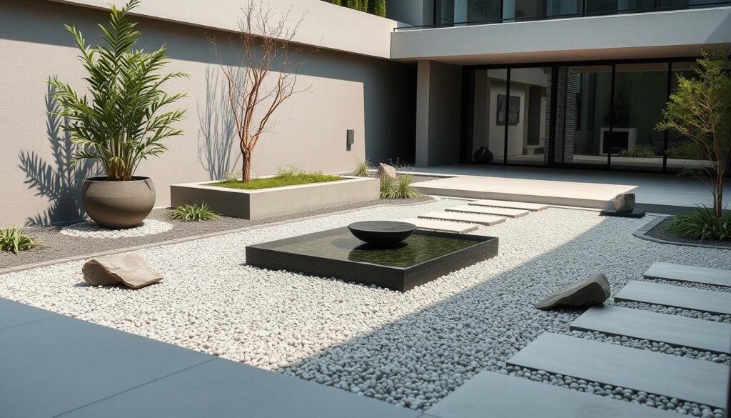 A sleek, minimalist garden with clean lines and modern accents. A zen-like atmosphere pervades the scene, with carefully arranged stones, gravel, and sparse greenery. A single, elegant water feature reflects the natural light, creating a sense of tranquility. The overall aesthetic is one of refined simplicity, with an emphasis on negative space and understated elegance. The image is captured with a wide-angle lens, allowing the viewer to take in the entire composition in a single frame. The lighting is soft and diffused, casting subtle shadows that accentuate the geometric patterns and textures throughout the scene.