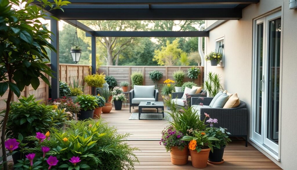 A small, meticulously-designed terrace with a cozy, inviting atmosphere. In the foreground, a variety of lush, potted plants and flowers create a verdant oasis, their vibrant colors complemented by the warm, natural tones of the wooden decking underfoot. In the middle ground, a simple, modern outdoor furniture set - a sleek sofa and armchairs - invites relaxation, while the background reveals a glimpse of a well-manicured garden, its trees and shrubs softly illuminated by the gentle, diffused light of a late afternoon sun. The overall scene exudes a sense of tranquility and harmony, perfectly capturing the essence of a practical, beautifully-designed terrace that serves as a peaceful retreat within a larger garden paradise. A small, meticulously-designed terrace with a cozy, inviting atmosphere. In the foreground, a variety of lush, potted plants and flowers create a verdant oasis, their vibrant colors complemented by the warm, natural tones of the wooden decking underfoot. In the middle ground, a simple, modern outdoor furniture set - a sleek sofa and armchairs - invites relaxation, while the background reveals a glimpse of a well-manicured garden, its trees and shrubs softly illuminated by the gentle, diffused light of a late afternoon sun. The overall scene exudes a sense of tranquility and harmony, perfectly capturing the essence of a practical, beautifully-designed terrace that serves as a peaceful retreat within a larger garden paradise.