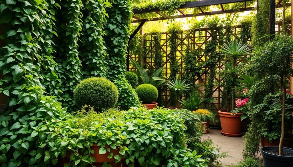 A small urban garden filled with lush, cascading vertical greenery. In the foreground, a variety of trailing vines and creepers spill over the edges of a raised planter, creating a verdant, textured tapestry. The middle ground features a mix of potted shrubs and flowering plants strategically placed to maximize visual interest and spatial flow. In the background, a trellis or lattice structure supports a dense canopy of climbing plants, casting soft, dappled shadows across the scene. The lighting is warm and diffused, creating a serene, inviting atmosphere. The overall composition emphasizes the clever use of vertical space, showcasing how a small garden can be transformed into a lush, vibrant oasis.