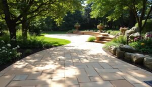 A sprawling natural stone walkway meanders through a lush garden, its warm-hued pavers complementing the verdant foliage and blooming flowers that line the path. Dappled sunlight filters through the canopy of trees overhead, casting a gentle glow and creating intricate patterns on the stone surface. In the distance, a well-crafted stone terrace invites one to pause and take in the serene ambiance, with weathered boulders and ornamental plants lending an air of tranquility. The scene exudes a sense of timeless elegance, where nature and human-made elements coexist in perfect harmony.