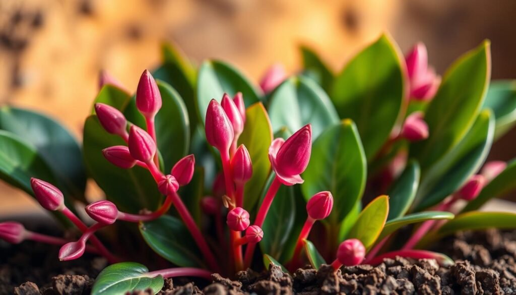 A stunning close-up of healthy Schlumbergera cuttings, their vibrant green leaves and vibrant pink flowers set against a softly blurred, earthy background. Soft, warm lighting illuminates the delicate stems and buds, creating a sense of depth and dimension. The image is captured from a slightly elevated angle, emphasizing the intricate textures and details of the plant. The overall mood is one of lush, botanical beauty, inviting the viewer to explore the art of Weihnachtskaktus propagation.