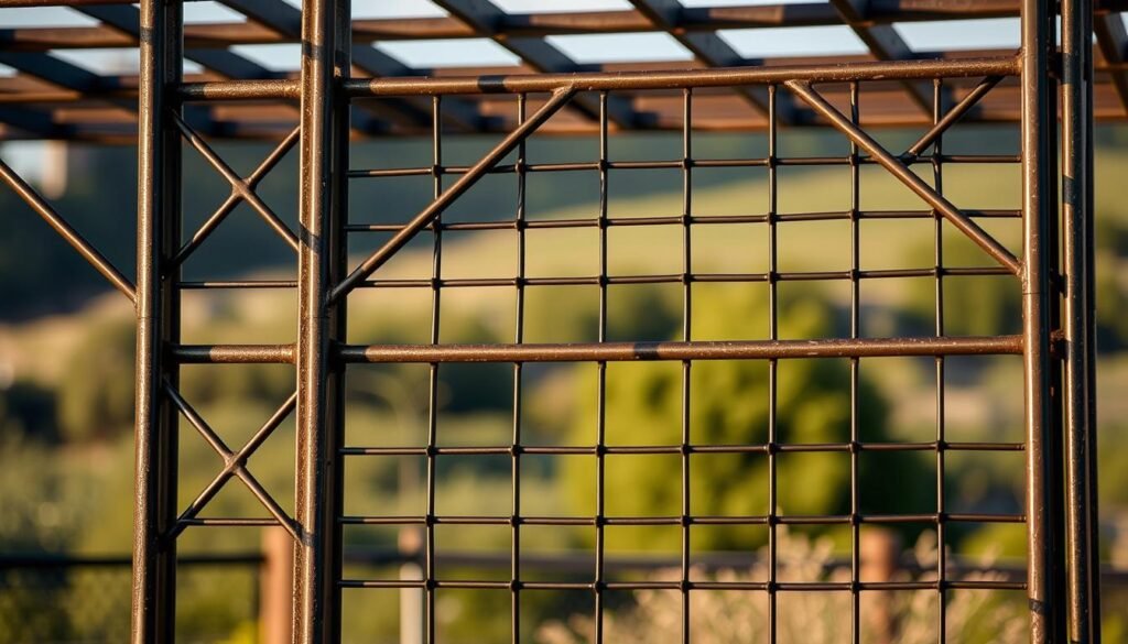 A sturdy trellis structure of thick steel rods, crisscrossing in a geometric lattice pattern. The sleek, industrial design features vertical bars supporting horizontal rungs, creating a durable framework for climbing vines and plants. Warm lighting from the side casts dramatic shadows, highlighting the metal's textured surface and robust construction. The trellis stands prominently in the foreground, with a blurred natural landscape visible in the background, suggesting an outdoor garden or patio setting. This modern, minimalist design offers an elegant, low-maintenance solution for vertical plant support. A sturdy trellis structure of thick steel rods, crisscrossing in a geometric lattice pattern. The sleek, industrial design features vertical bars supporting horizontal rungs, creating a durable framework for climbing vines and plants. Warm lighting from the side casts dramatic shadows, highlighting the metal's textured surface and robust construction. The trellis stands prominently in the foreground, with a blurred natural landscape visible in the background, suggesting an outdoor garden or patio setting. This modern, minimalist design offers an elegant, low-maintenance solution for vertical plant support.