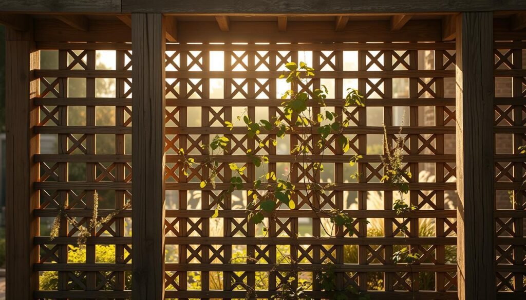 A sturdy, wooden Rankgerüst (trellis) structure stands prominently in the foreground, its intricate lattice-work casting dramatic shadows across a serene, sun-dappled garden. The warm, golden light bathes the scene, creating a sense of tranquility and contemplation. In the middle ground, various climbing vines and flowering plants cling gracefully to the weathered, natural-toned wood, hinting at the potential for future growth and verdant display. The background is softly blurred, allowing the focus to remain on the Rankgerüst and its purpose within the carefully curated outdoor space. The angle captures the Rankgerüst at an oblique view, emphasizing its structural integrity and the thoughtful consideration of its design and placement. A sturdy, wooden Rankgerüst (trellis) structure stands prominently in the foreground, its intricate lattice-work casting dramatic shadows across a serene, sun-dappled garden. The warm, golden light bathes the scene, creating a sense of tranquility and contemplation. In the middle ground, various climbing vines and flowering plants cling gracefully to the weathered, natural-toned wood, hinting at the potential for future growth and verdant display. The background is softly blurred, allowing the focus to remain on the Rankgerüst and its purpose within the carefully curated outdoor space. The angle captures the Rankgerüst at an oblique view, emphasizing its structural integrity and the thoughtful consideration of its design and placement.