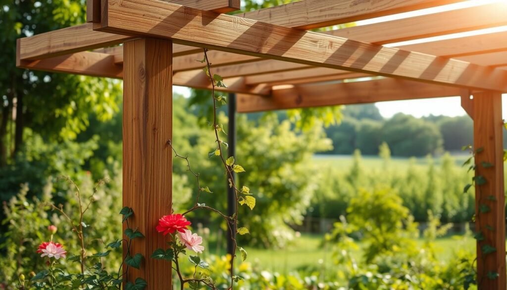 A sturdy wooden trellis stands in a lush garden, its horizontal beams carefully integrated with the vertical support posts. Sunlight filters through the gaps, casting a warm glow over the scene. The wooden elements are precisely joined with metal connectors, forming a strong, stable structure. In the foreground, trailing vines and flowering plants intermingle, creating a harmonious blend of nature and craftsmanship. The background features a serene backdrop of verdant foliage, hinting at the larger landscape beyond. The overall composition conveys a sense of balance, functionality, and the beauty of seamlessly integrated design. A sturdy wooden trellis stands in a lush garden, its horizontal beams carefully integrated with the vertical support posts. Sunlight filters through the gaps, casting a warm glow over the scene. The wooden elements are precisely joined with metal connectors, forming a strong, stable structure. In the foreground, trailing vines and flowering plants intermingle, creating a harmonious blend of nature and craftsmanship. The background features a serene backdrop of verdant foliage, hinting at the larger landscape beyond. The overall composition conveys a sense of balance, functionality, and the beauty of seamlessly integrated design.