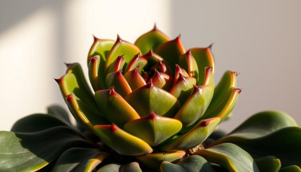 A succulent Schlumbergera, also known as the Christmas cactus, resting during its dormant phase. The plant's fleshy, segmented pads take on a deep, lush green hue against a softly diffused backdrop. Gentle side lighting creates delicate shadows that accentuate the cactus's sculptural form. The scene exudes a sense of tranquility and anticipation, as the plant prepares to burst forth with vibrant blooms in the coming season. Captured with a macro lens, the image invites the viewer to appreciate the intricate details and fascinating biology of this unique holiday houseplant.