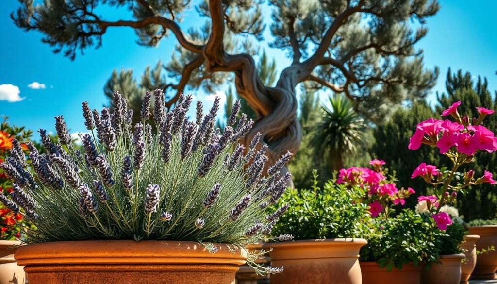 A sun-dappled Mediterranean garden filled with a vibrant selection of potted plants. In the foreground, a rustic terracotta planter overflows with the silvery-green leaves and delicate purple blooms of a mature lavender bush. Behind it, a gnarled olive tree casts dappled shadows, its twisted trunk and knotted branches silhouetted against a cloudless blue sky. Flanking the scene, a pair of graceful, deep-pink oleander shrubs sway gently in a warm breeze. The whole composition is bathed in the soft, golden light of the afternoon sun, creating a serene, inviting atmosphere. A sun-dappled Mediterranean garden filled with a vibrant selection of potted plants. In the foreground, a rustic terracotta planter overflows with the silvery-green leaves and delicate purple blooms of a mature lavender bush. Behind it, a gnarled olive tree casts dappled shadows, its twisted trunk and knotted branches silhouetted against a cloudless blue sky. Flanking the scene, a pair of graceful, deep-pink oleander shrubs sway gently in a warm breeze. The whole composition is bathed in the soft, golden light of the afternoon sun, creating a serene, inviting atmosphere.