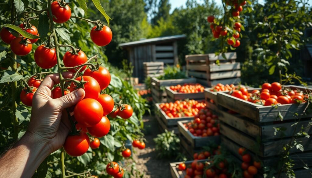 A sun-dappled garden bursting with ripe, crimson tomatoes. In the foreground, weathered hands gently pluck the lush fruit from the vine, careful not to bruise the delicate skins. The middle ground reveals neatly stacked wooden crates, ready to hold the precious harvest. In the background, a rustic shed casts long shadows, its worn planks hinting at years of faithful service in this verdant oasis. Soft, natural lighting illuminates the scene, capturing the essence of a bountiful tomato crop and the care taken in its gathering and storage. A timeless moment of agricultural abundance, ripe for the preserving. A sun-dappled garden bursting with ripe, crimson tomatoes. In the foreground, weathered hands gently pluck the lush fruit from the vine, careful not to bruise the delicate skins. The middle ground reveals neatly stacked wooden crates, ready to hold the precious harvest. In the background, a rustic shed casts long shadows, its worn planks hinting at years of faithful service in this verdant oasis. Soft, natural lighting illuminates the scene, capturing the essence of a bountiful tomato crop and the care taken in its gathering and storage. A timeless moment of agricultural abundance, ripe for the preserving.