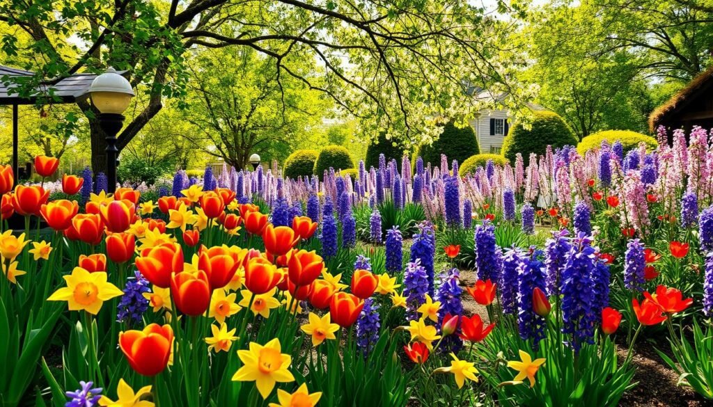 A sun-dappled garden bursting with vibrant seasonal blooms. In the foreground, a lush bouquet of tulips, daffodils, and hyacinths in a rainbow of colors - scarlet, gold, and lavender. In the middle ground, a profusion of cherry blossoms cascading from overhead branches, their delicate petals dancing on a gentle breeze. In the background, a verdant tapestry of leafy trees and shrubs frames the scene, bathed in warm, soft light. Capturing the joyful transition from spring to summer, this enchanting floral display exudes a sense of renewed vitality and natural harmony.