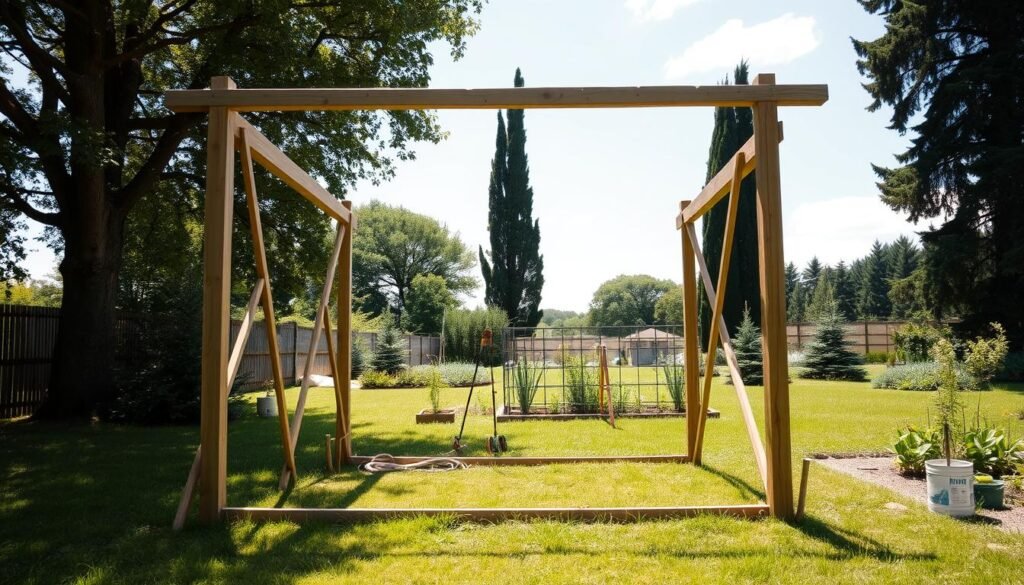 A sun-dappled garden scene, a wooden frame structure taking shape in the foreground. Sturdy vertical posts, horizontal crossbeams, and diagonal braces form the basic structure, ready to support climbing vines or trellises. The frame casts soft shadows on the lush, green grass below. In the middle ground, gardening tools and materials are neatly arranged, suggesting a methodical, DIY approach. Towering trees and a cloudless sky create a tranquil, pastoral atmosphere, inviting the viewer to envision this framework as the foundation for a thriving, verdant oasis. A sun-dappled garden scene, a wooden frame structure taking shape in the foreground. Sturdy vertical posts, horizontal crossbeams, and diagonal braces form the basic structure, ready to support climbing vines or trellises. The frame casts soft shadows on the lush, green grass below. In the middle ground, gardening tools and materials are neatly arranged, suggesting a methodical, DIY approach. Towering trees and a cloudless sky create a tranquil, pastoral atmosphere, inviting the viewer to envision this framework as the foundation for a thriving, verdant oasis.