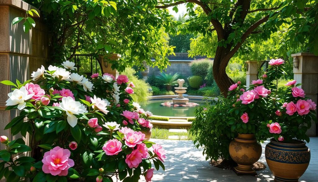 A sun-dappled garden terrace, brimming with lush, vibrant camellia bushes in full bloom. The delicate flowers, ranging from pure white to deep pink, stand in elegant contrast against the weathered stone walls and ornate ceramic pots that dot the scene. Dappled sunlight filters through the overhead canopy of verdant foliage, casting a warm, contemplative glow across the setting. In the distance, a glimpse of a tranquil koi pond, its glimmering surface reflecting the beauty of the camellias. The overall atmosphere evokes a sense of serene, botanical bliss - the ideal location to showcase the captivating splendor of these exquisite, shade-loving blooms.