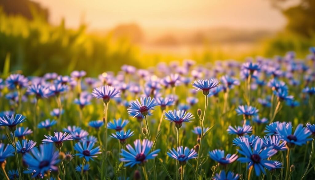 A sunlit meadow filled with vibrant blue cornflowers (Centaurea cyanus) in full bloom, their delicate petals swaying gently in the breeze. The flowers have self-sown, creating a captivating natural tapestry across the foreground. In the middle ground, lush green foliage provides a verdant backdrop, while the distant horizon is softly blurred, creating a sense of depth and tranquility. The lighting is warm and golden, casting a gentle glow over the scene, as if illuminated by the setting sun. The overall composition evokes a serene, pastoral atmosphere, inviting the viewer to appreciate the beauty of self-sown cornflowers in their natural environment.