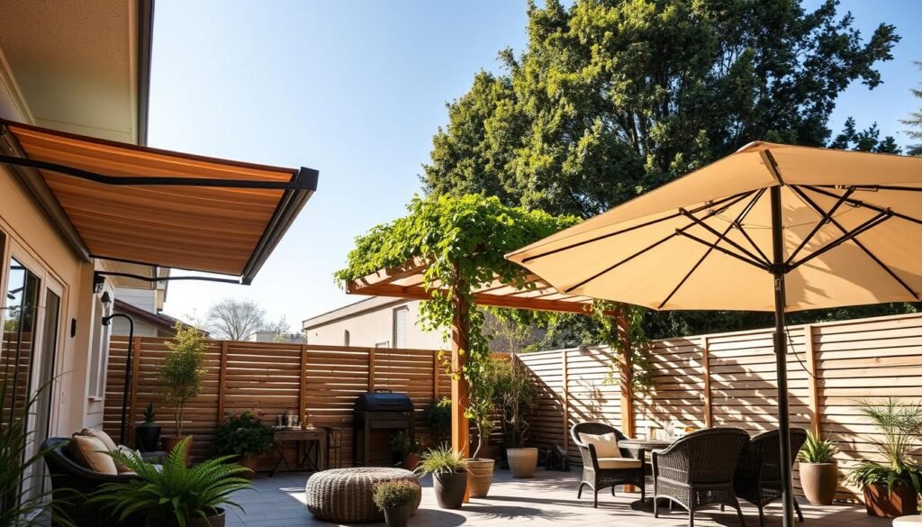 A sunlit outdoor patio with various sun protection solutions, such as a retractable awning, a slatted wooden pergola with climbing vines, and a large freestanding umbrella. The scene captures a serene and well-designed backyard space, with carefully curated furniture, potted plants, and natural textures that create a harmonious and inviting atmosphere. The lighting is soft and warm, casting gentle shadows and highlighting the interplay of light and shadow. The overall impression is one of elegant functionality and aesthetically pleasing form, reflecting the perfect balance of function and design in the "Sonnenschutz-Lösungen" for this idyllic backyard retreat. A sunlit outdoor patio with various sun protection solutions, such as a retractable awning, a slatted wooden pergola with climbing vines, and a large freestanding umbrella. The scene captures a serene and well-designed backyard space, with carefully curated furniture, potted plants, and natural textures that create a harmonious and inviting atmosphere. The lighting is soft and warm, casting gentle shadows and highlighting the interplay of light and shadow. The overall impression is one of elegant functionality and aesthetically pleasing form, reflecting the perfect balance of function and design in the "Sonnenschutz-Lösungen" for this idyllic backyard retreat.