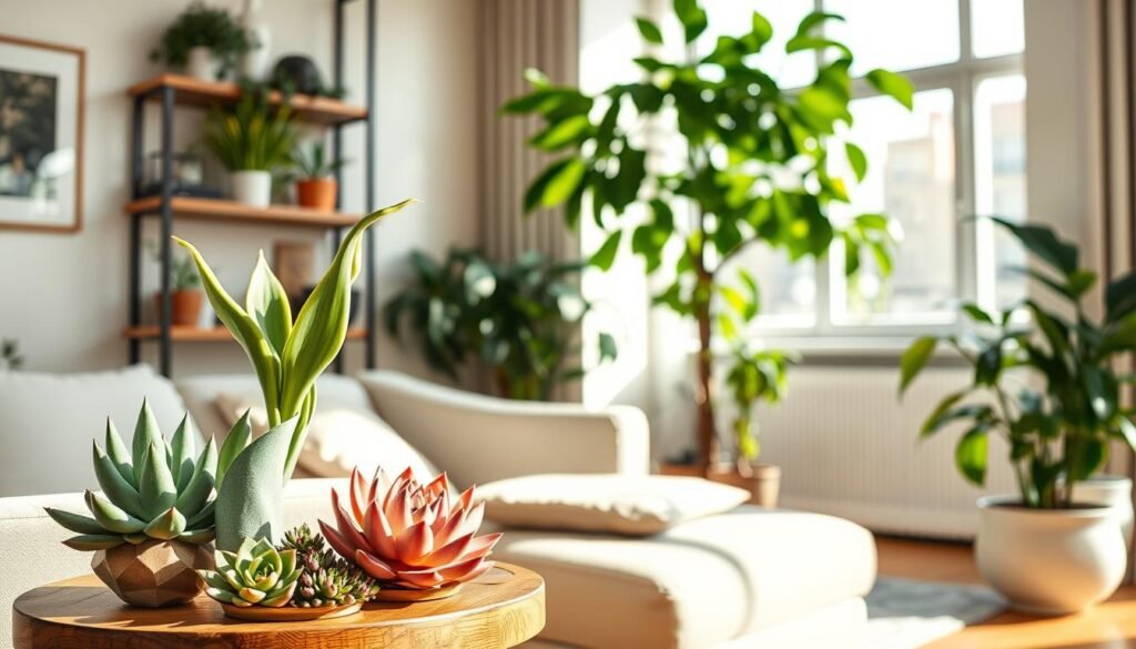 A sunlit urban living room, showcasing an artfully curated collection of low-maintenance indoor plants. In the foreground, lush and vibrant succulents adorn a wooden side table, their geometric shapes complementing the minimalist decor. In the middle ground, a tall, graceful snake plant stands beside a trailing pothos, their green foliage cascading down the shelves. In the background, a fiddle-leaf fig tree reaches towards the large windows, bathing the space in natural light. The overall composition exudes a sense of calm and tranquility, creating a refreshing and soothing atmosphere for the modern home. A sunlit urban living room, showcasing an artfully curated collection of low-maintenance indoor plants. In the foreground, lush and vibrant succulents adorn a wooden side table, their geometric shapes complementing the minimalist decor. In the middle ground, a tall, graceful snake plant stands beside a trailing pothos, their green foliage cascading down the shelves. In the background, a fiddle-leaf fig tree reaches towards the large windows, bathing the space in natural light. The overall composition exudes a sense of calm and tranquility, creating a refreshing and soothing atmosphere for the modern home.