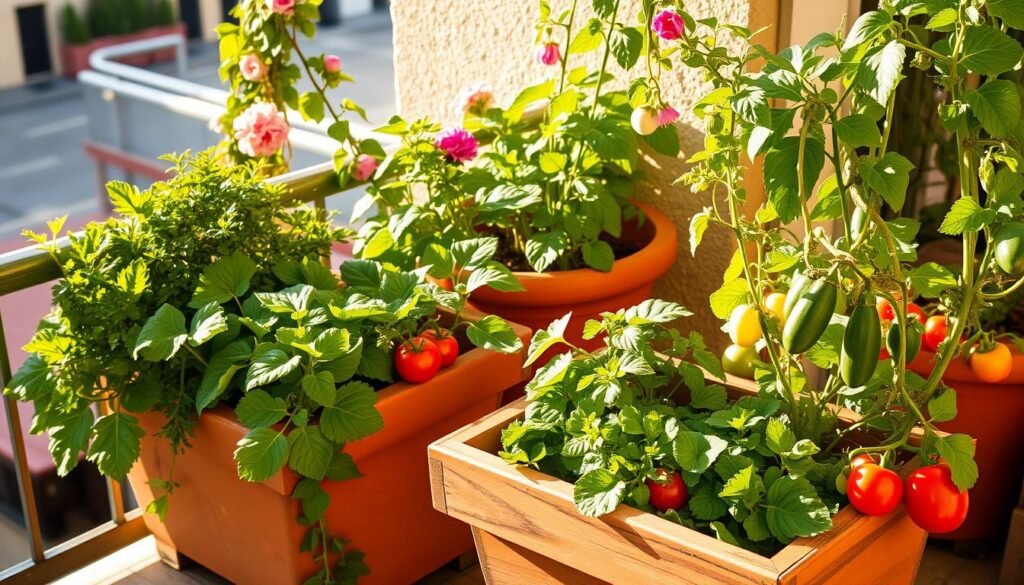 A sunny balcony filled with a vibrant vegetable garden in terracotta planters. Lush green leafy greens, such as kale and spinach, intermingle with plump tomatoes and trailing vines of cucumbers. The plants are bathed in warm, golden light, casting gentle shadows on the weathered wooden planters. In the background, the railing is adorned with trailing flowering vines, adding pops of color and texture. The scene exudes a sense of urban oasis, where lush greenery and fresh produce thrive in a cozy, intimate setting.