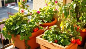 A sunny balcony filled with a vibrant vegetable garden in terracotta planters. Lush green leafy greens, such as kale and spinach, intermingle with plump tomatoes and trailing vines of cucumbers. The plants are bathed in warm, golden light, casting gentle shadows on the weathered wooden planters. In the background, the railing is adorned with trailing flowering vines, adding pops of color and texture. The scene exudes a sense of urban oasis, where lush greenery and fresh produce thrive in a cozy, intimate setting.