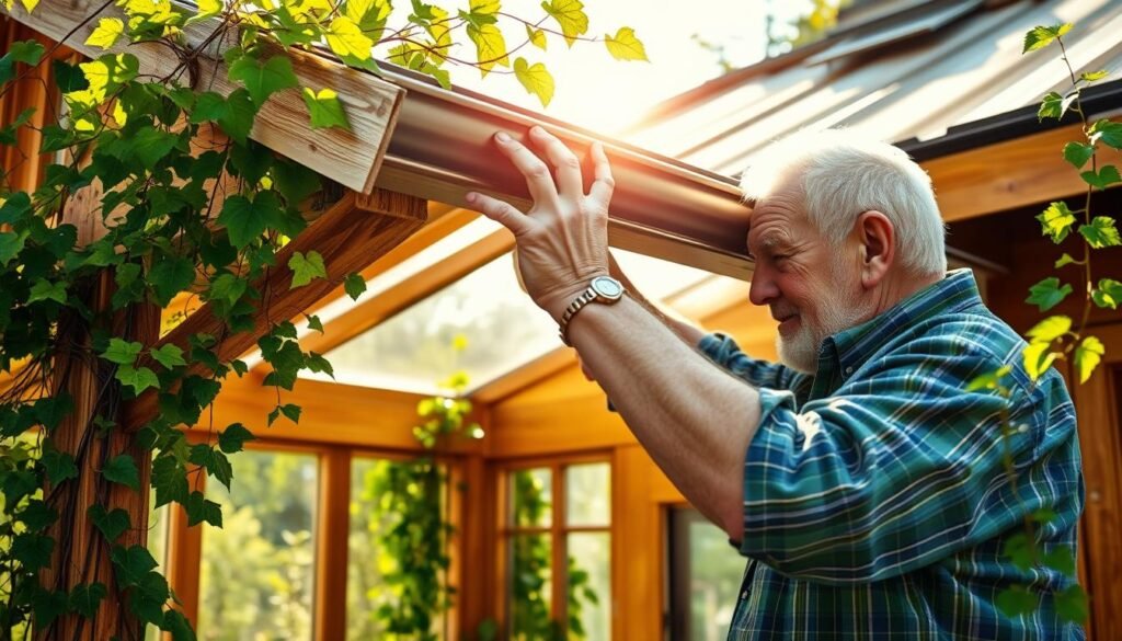 A sunny day in a lush garden, an elderly man carefully installs rain gutters along the roof of a charming wooden greenhouse. His weathered hands secure the metal brackets, ensuring a snug fit as the gutters extend along the structure's edges. Sunlight filters through the greenhouse's panels, casting a warm glow across the scene. Vibrant green vines and foliage cascade from the eaves, adding a natural, organic element to the frame. The man's focused expression and the sound of tools clicking against the metal gutters create a peaceful, contemplative atmosphere, reflecting the care and attention he brings to this meticulous task.