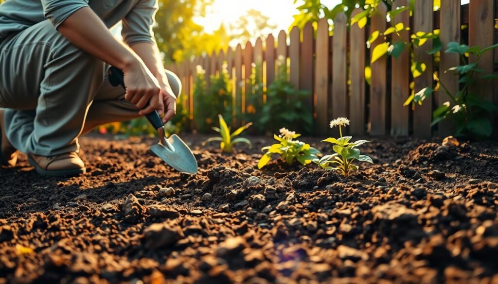 A sunny garden scene with a focus on soil analysis. A person in casual clothing kneels down, closely examining the soil with a trowel in hand. The foreground showcases the rich, loamy texture of the garden bed, with small rocks and organic matter visible. The middle ground features lush green foliage of plants and flowers, hinting at the vibrant life waiting to flourish. In the background, a wooden fence lines the perimeter, adding a sense of cozy enclosure. Warm, golden light filters through the leaves, casting a natural glow over the scene. The overall mood is one of careful observation, anticipation, and the promise of a thriving, beautiful garden to come.