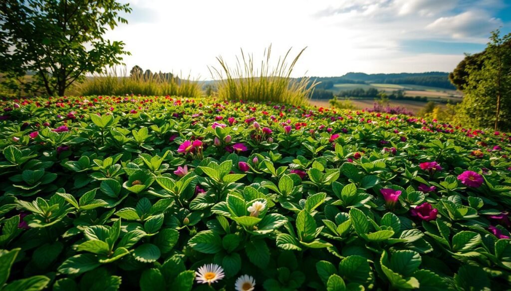 A thriving garden filled with a vibrant array of Bodendecker plants, capturing the essence of "Entdecke schöne Bodendecker für deinen Garten 🌿." The foreground showcases a lush carpet of diverse ground covers, their leaves glistening under the warm, diffused sunlight filtering through wispy, cloud-dotted skies. In the middle ground, pockets of delicate, colorful blooms peek through the verdant foliage, inviting the viewer to discover the "Auswahl der schönsten Bodendecker für jede Gartensituation." The background features a serene, natural landscape, hinting at the versatility and adaptability of these hardy, low-growing plants. Captured with a wide-angle lens to fully immerse the viewer, this image embodies the beauty, diversity, and suitability of Bodendecker for any garden setting. A thriving garden filled with a vibrant array of Bodendecker plants, capturing the essence of "Entdecke schöne Bodendecker für deinen Garten 🌿." The foreground showcases a lush carpet of diverse ground covers, their leaves glistening under the warm, diffused sunlight filtering through wispy, cloud-dotted skies. In the middle ground, pockets of delicate, colorful blooms peek through the verdant foliage, inviting the viewer to discover the "Auswahl der schönsten Bodendecker für jede Gartensituation." The background features a serene, natural landscape, hinting at the versatility and adaptability of these hardy, low-growing plants. Captured with a wide-angle lens to fully immerse the viewer, this image embodies the beauty, diversity, and suitability of Bodendecker for any garden setting.