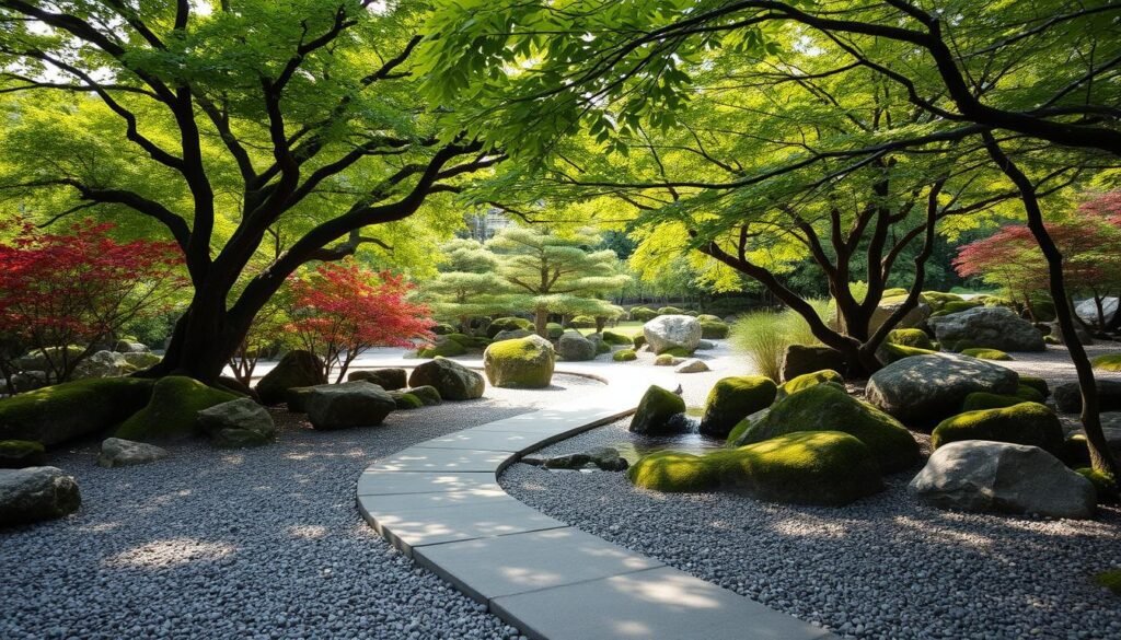 A tranquil Zen garden scene with a smooth stone pathway winding through a lush, verdant landscape. Delicate water features, such as a serene koi pond or a gently cascading stream, add a soothing aural element. Weathered, moss-covered rocks and boulders are carefully arranged, creating a sense of harmony and balance. Elegant Japanese maple trees provide dappled shade, their vibrant foliage contrasting with the earthy tones of the gravel and stone. Soft, natural lighting filters through the canopy, casting a warm, meditative glow over the entire scene. The overall atmosphere evokes a profound sense of calm and spiritual contemplation.