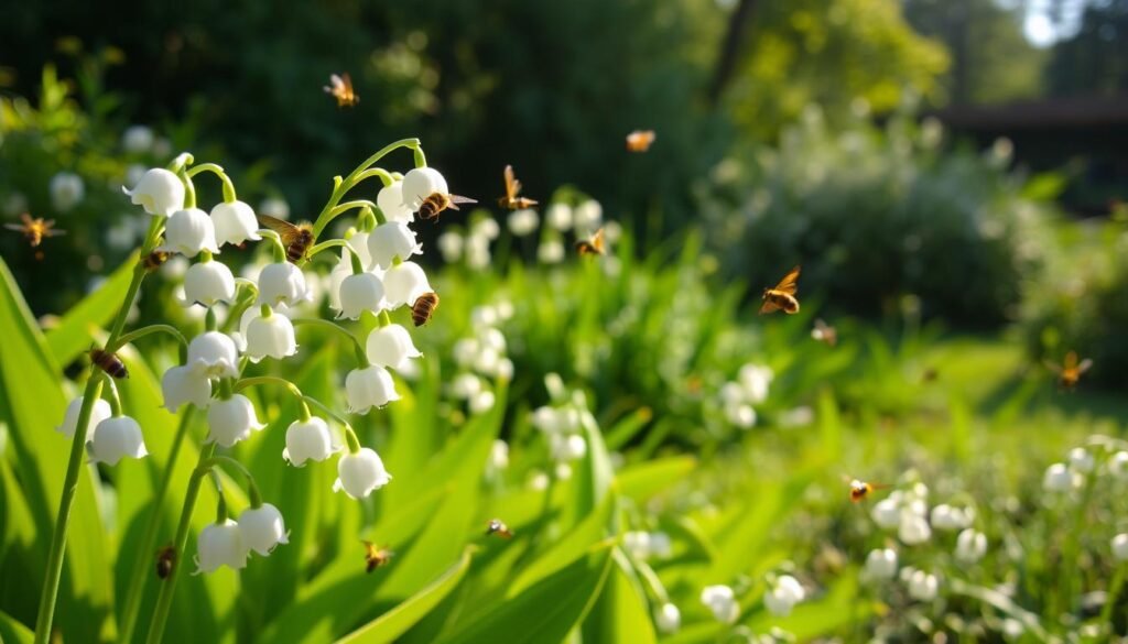 A tranquil garden scene in soft, natural lighting. In the foreground, delicate white Maiglöckchen (lily of the valley) flowers sway gently, their petals catching the dappled sunlight. Surrounding the flowers, a variety of pollinators, including bees, butterflies, and hoverflies, flit and hover, their bodies adorned with vibrant colors. The middle ground showcases a lush, verdant backdrop of lush foliage, hinting at the rich ecosystem that sustains this symbiotic relationship between plants and insects. In the distant background, a hazy blur of trees and shrubs creates a sense of depth and atmosphere, conveying the interconnectedness of this natural scene. The overall mood is one of tranquility, beauty, and the delicate balance of nature.