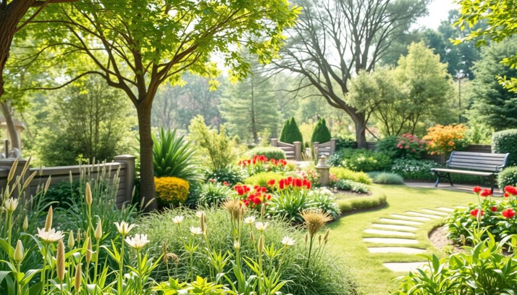 A tranquil naturalistic garden scene with a structured progression of planning steps. In the foreground, a hand-drawn sketch or diagram lays out a series of interconnected stages, perhaps with arrows or numbers indicating the order. The middle ground features a lush, verdant landscape with native plants, flowers, and trees in a harmonious composition. Soft, diffused natural lighting filters through the canopy, casting a warm, earthy glow. In the background, a sense of calm contemplation pervades, with perhaps a bench or path inviting the viewer to explore and immerse themselves in this serene, nature-inspired vision. The overall atmosphere evokes a methodical yet organic approach to designing a thriving, sustainable outdoor space.