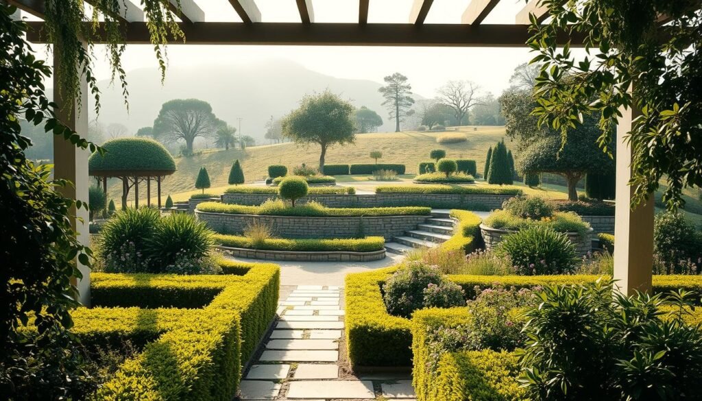 A tranquil outdoor space with a thoughtfully curated garden layout. In the foreground, neatly trimmed hedges and lush, cascading foliage create distinct zones and levels, inviting exploration. A central stone pathway winds through the middle ground, flanked by terraced planting beds overflowing with vibrant flowers and greenery. In the background, a gently sloping hill is adorned with strategically placed trees, casting soft, natural shadows across the scene. The lighting is warm and diffused, lending a serene, almost dreamlike ambiance to the entire composition. An architectural trellis or pergola frames the vista, seamlessly blending the cultivated elements with the natural landscape beyond.