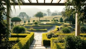 A tranquil outdoor space with a thoughtfully curated garden layout. In the foreground, neatly trimmed hedges and lush, cascading foliage create distinct zones and levels, inviting exploration. A central stone pathway winds through the middle ground, flanked by terraced planting beds overflowing with vibrant flowers and greenery. In the background, a gently sloping hill is adorned with strategically placed trees, casting soft, natural shadows across the scene. The lighting is warm and diffused, lending a serene, almost dreamlike ambiance to the entire composition. An architectural trellis or pergola frames the vista, seamlessly blending the cultivated elements with the natural landscape beyond.