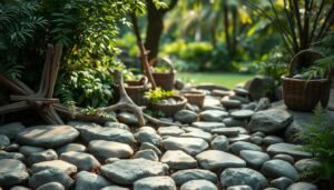 A tranquil stone garden, sunlight gently filtering through lush foliage. In the foreground, an artful arrangement of smooth river rocks, their muted hues complemented by weathered wood and delicate ferns. Midground, a scattering of natural materials - woven baskets, driftwood, and clusters of river stones - creating a harmonious vignette. The background softly blurred, hinting at the verdant garden beyond, inviting the viewer to step in and explore this soothing oasis of natural elements. Soft, diffused lighting imbues the scene with a calming, contemplative atmosphere.