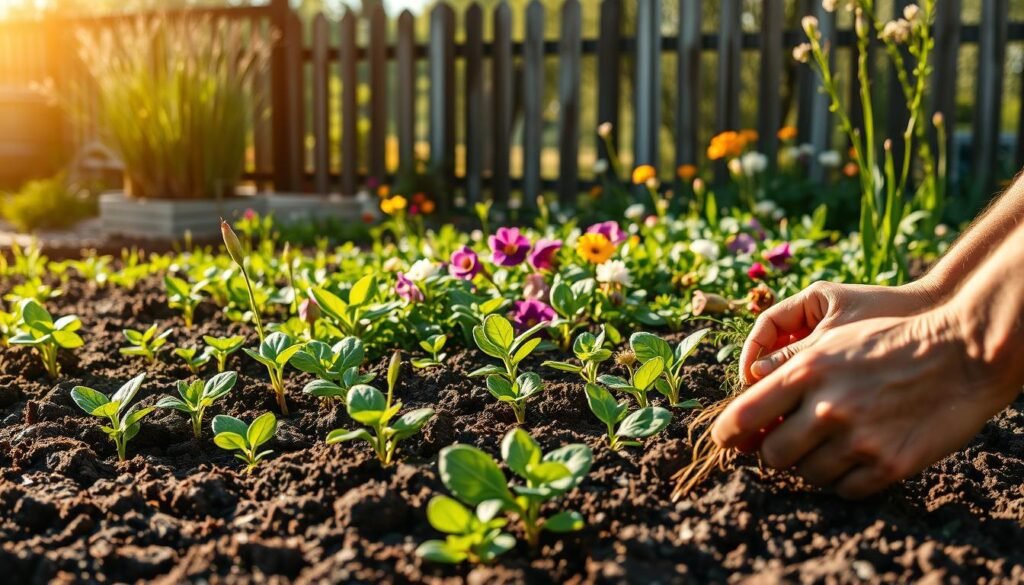 A verdant garden bed in warm afternoon sunlight, the soil freshly tilled and lush with newly sprouted plants. In the foreground, a gardener methodically pulls weeds, their hands calloused from years of tending the earth. The middle ground showcases a diverse array of leafy greens and vibrant flowers, their colors and textures creating a harmonious visual symphony. In the background, a wooden fence frames the scene, casting gentle shadows that lend a sense of depth and tranquility. The overall mood is one of hard-earned labor, a celebration of the cyclical nature of growth and renewal in the spring garden.