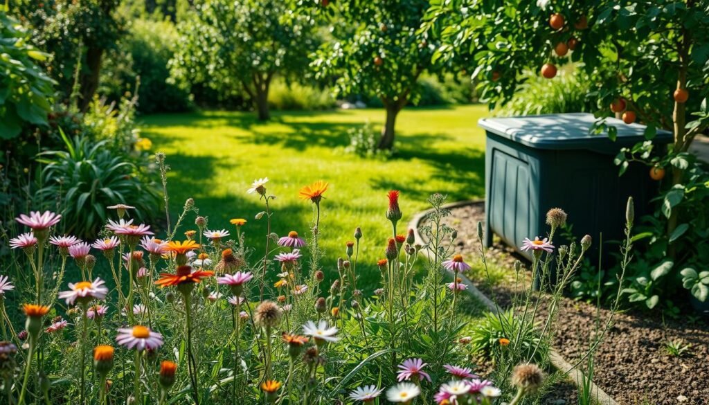 A verdant garden scene showcasing sustainable gardening practices. In the foreground, a vibrant array of native wildflowers and herbs thrive, their petals dancing in a gentle breeze. The middle ground features a lush, well-maintained lawn, with a compost bin nestled discreetly to the side. In the background, a small orchard of fruit trees casts dappled shadows, their branches heavy with ripe, organic produce. The lighting is soft and natural, casting a warm, inviting glow over the scene. The composition is balanced, highlighting the harmony between cultivated and wild elements, conveying a sense of environmental stewardship and tranquility.