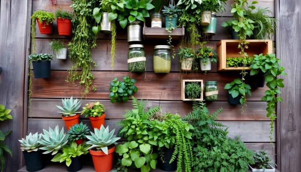 A vertical garden constructed with upcycled materials, showcasing a variety of lush, vibrant plants cascading down a rustic wooden wall. The foreground features an assortment of potted succulents, ferns, and trailing vines artfully arranged in a visually appealing layout. The middle ground presents an array of repurposed containers, such as tin cans, jars, and crates, housing additional greenery. In the background, the wooden wall, weathered and textured, provides a natural, earthy backdrop, illuminated by soft, diffused lighting that enhances the verdant hues of the plants. The overall scene exudes a sense of eco-friendly creativity and a harmonious blend of nature and recycled materials, capturing the essence of a DIY vertical garden project.